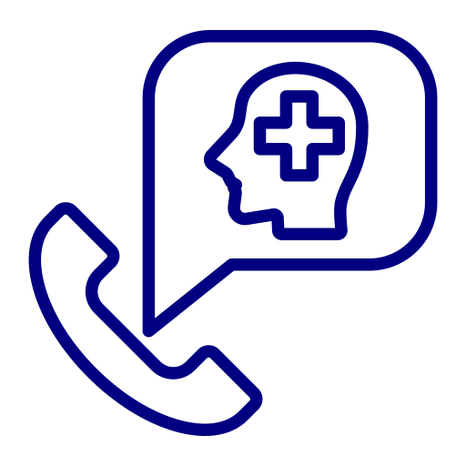 helpline Icon of a phone and a speech bubble with a head and medical cross, representing mental health support or consultation via phone